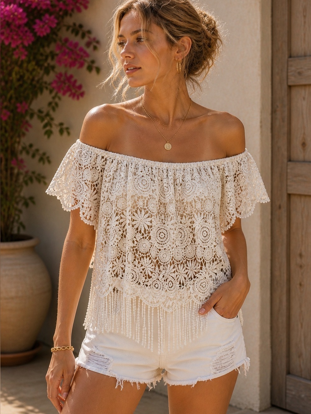 Bohemian Crochet Lace Fringe Top Ivory Boho Festival Blouse M/L